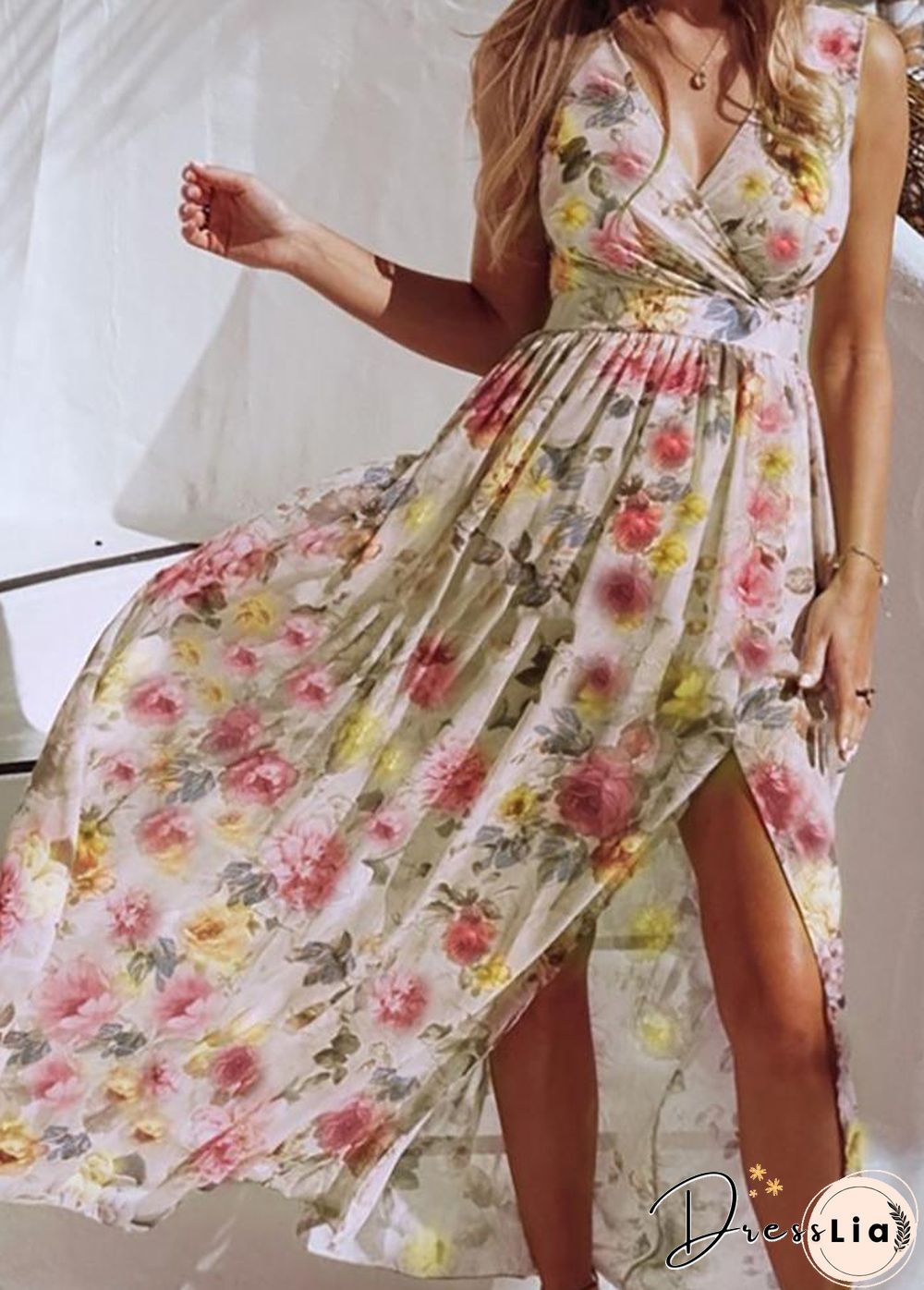 Printed Side Split V Neck Sleeveless Dress
