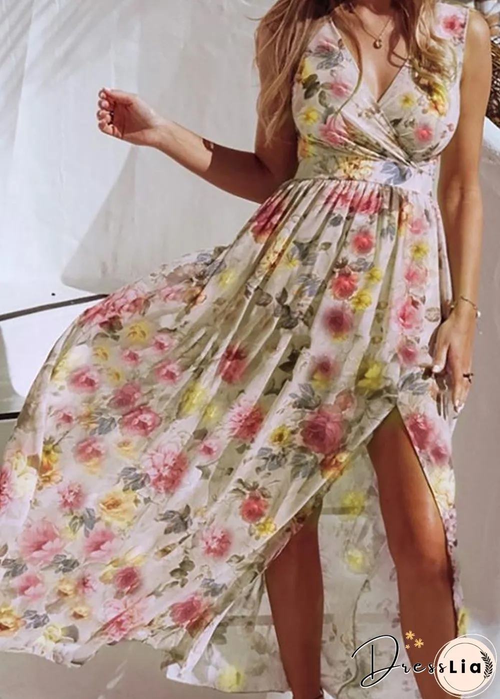 Printed Side Split V Neck Sleeveless Dress