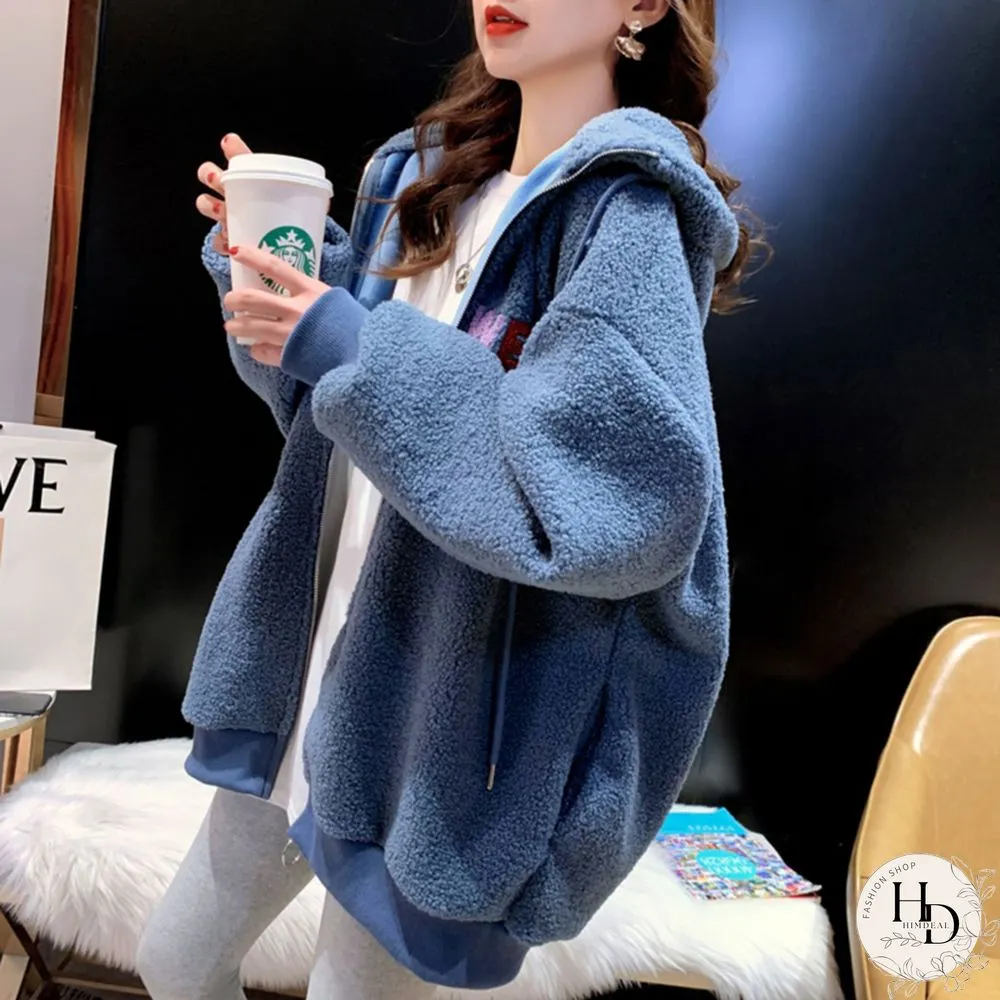 Winter Warm Embroidery Letter Wool Coats With Hood Women Loose Casual Korean Fashion Lady
