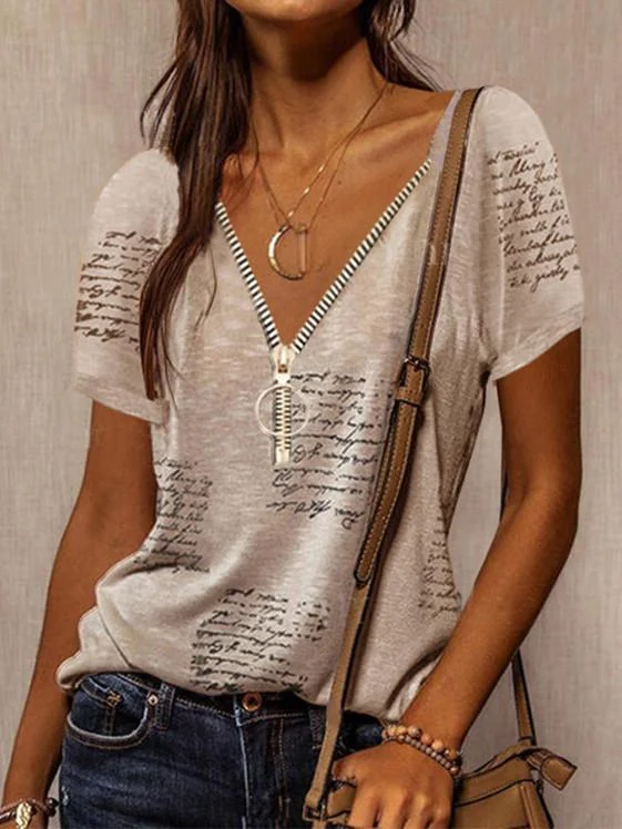 Women Short Sleeve V-neck Printed Zipper Top