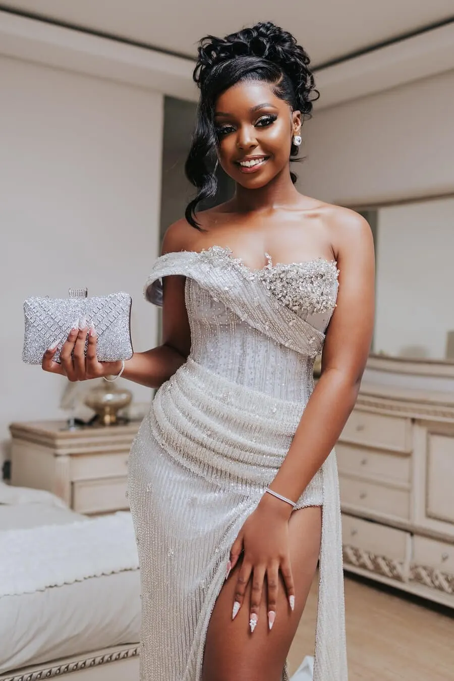 silver prom dress with slit Platinum Silver Long Beaded V-Neck Halter Prom Gown Platinum / 0