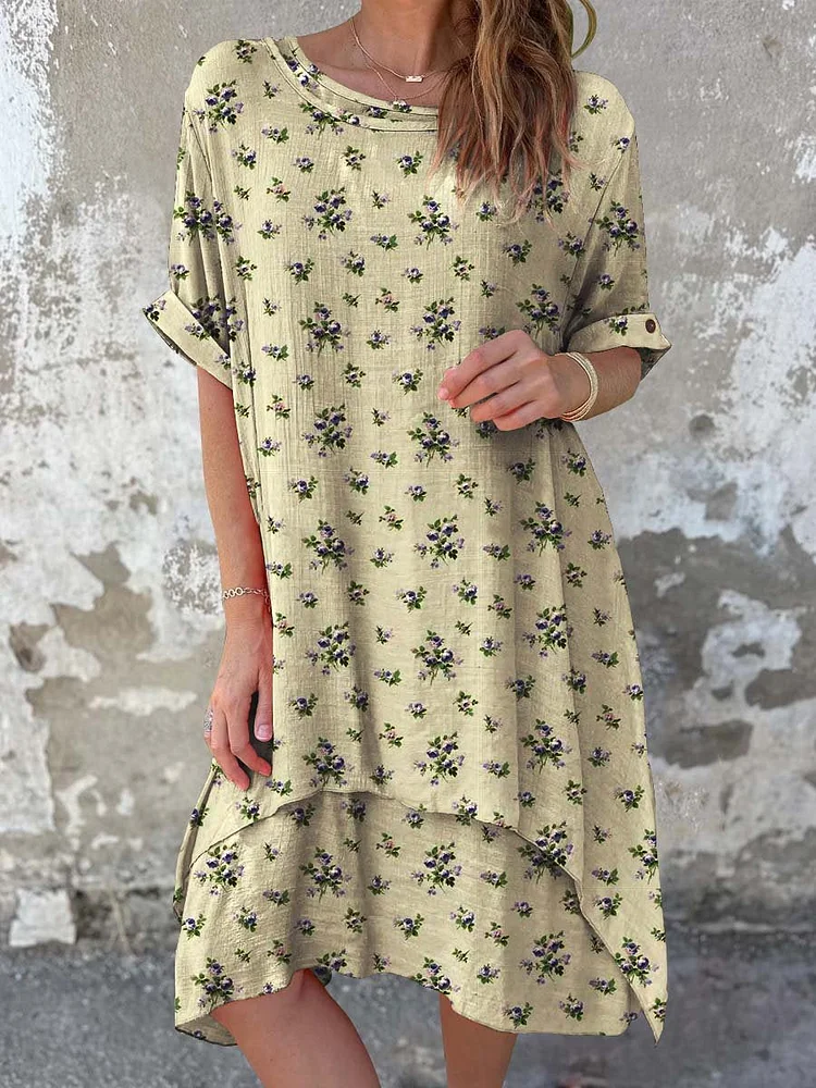 Women's Classic Floral Pattern Round Neck Cotton and Linen Dress