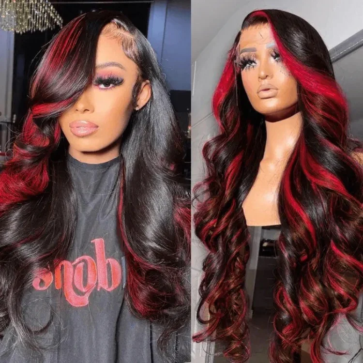 Dark Burgundy With Rose Red Highlights Body Wave HD Lace 13x4 Transparent Lace 180% Density Color Wigs Free Part