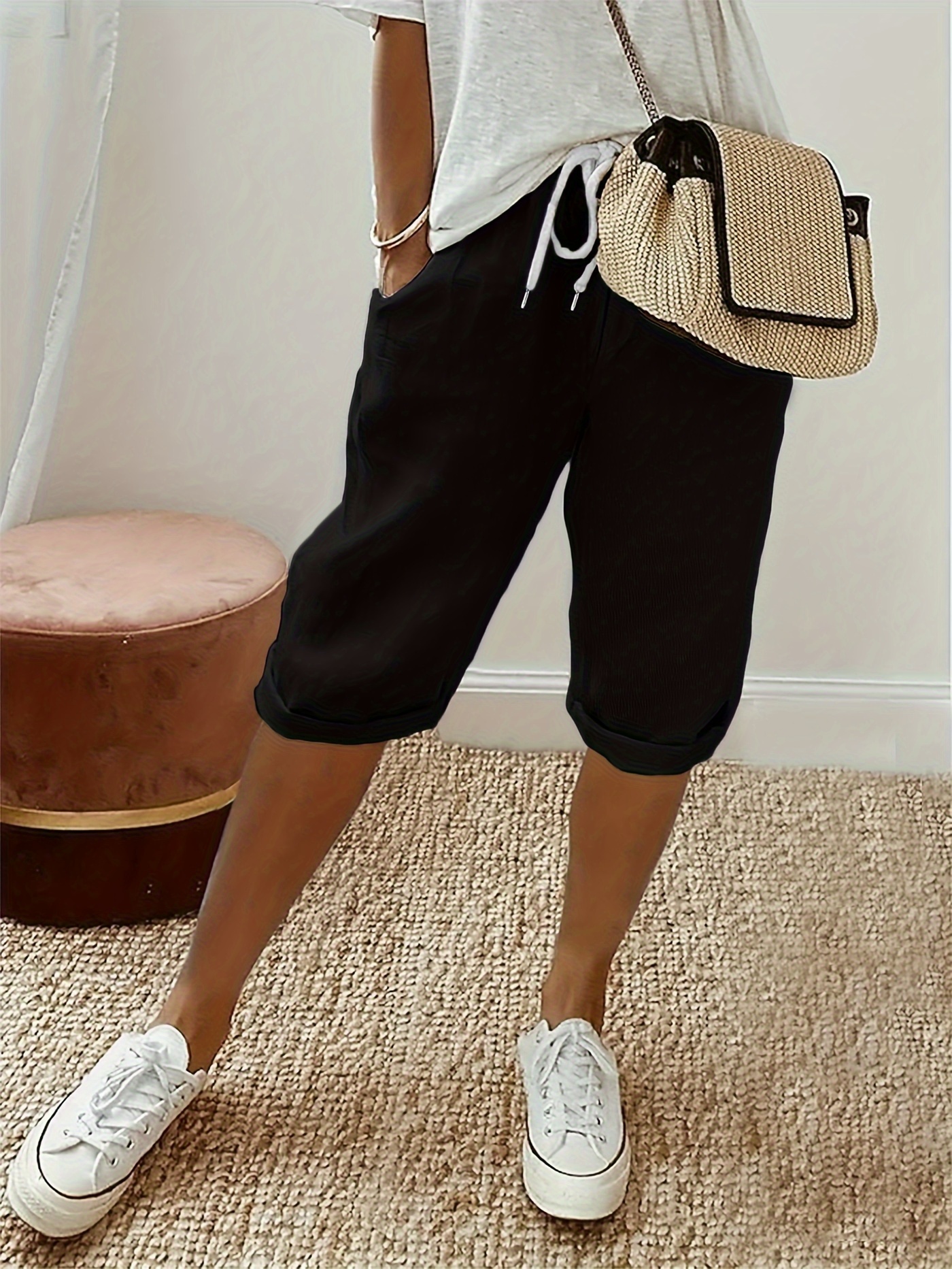 Solid Color Drawstring Bermuda Pants, Casual Elastic Waist Pants For Spring & Summer, Women's Clothing | IFYHOME