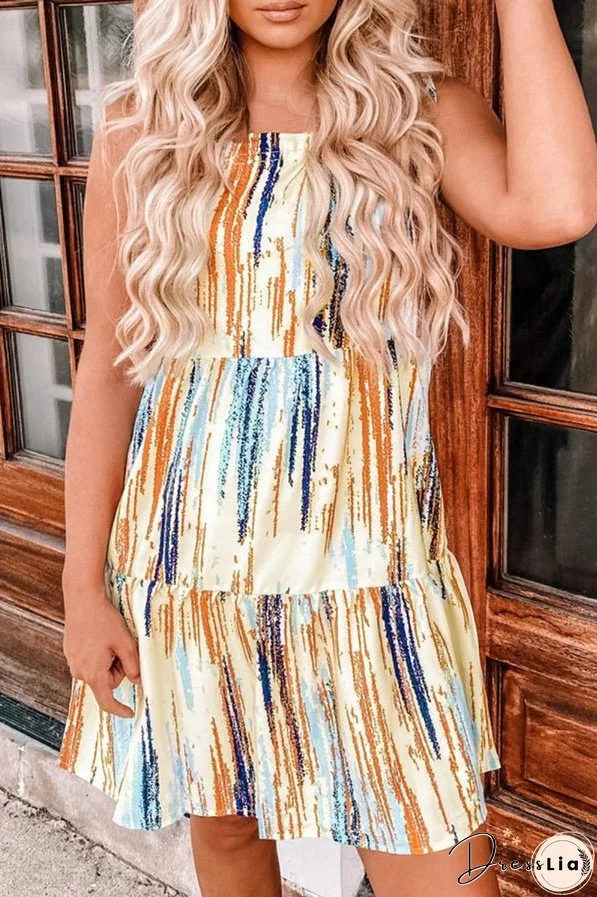 Multicolor Abstract Print Tie Shoulder Spaghetti Strap Tiered Dress