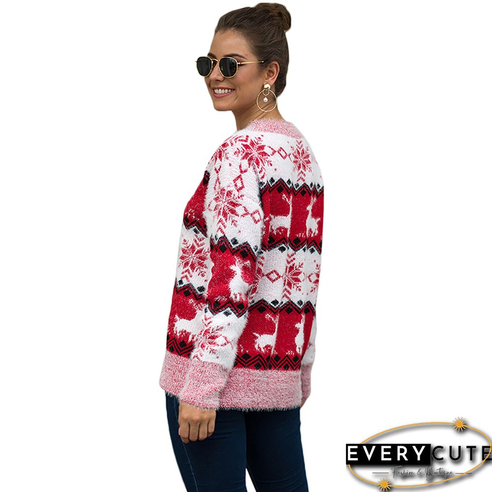 Red Snowflake with Reindeer Print Pullover Sweater