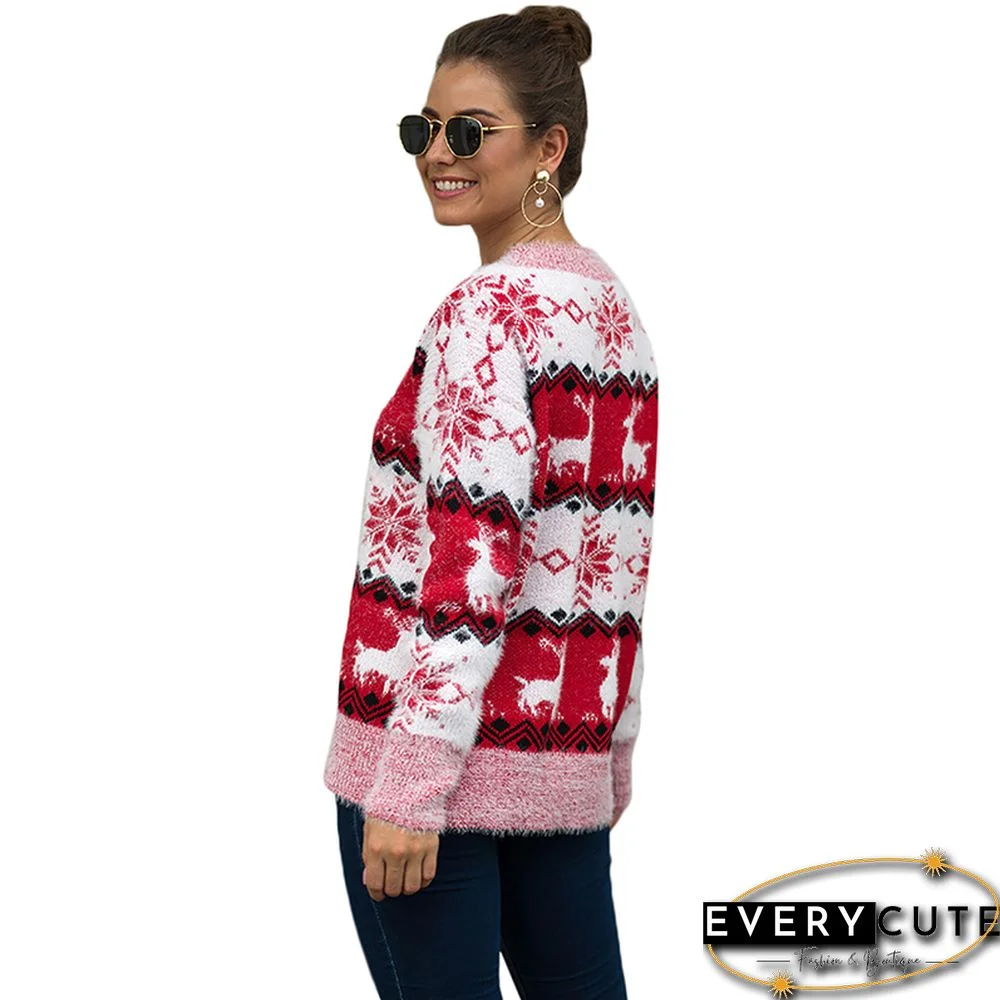 Red Snowflake with Reindeer Print Pullover Sweater