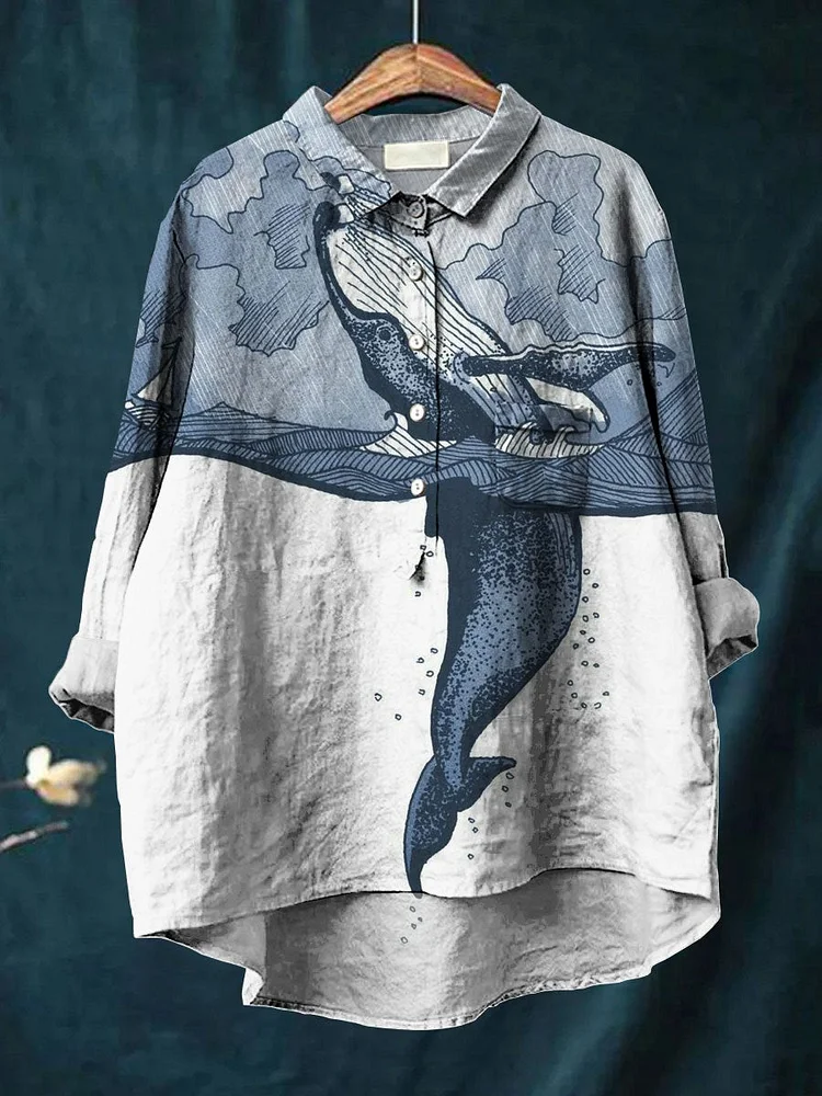 Women's  Whale Print Casual Cotton And Linen Shirt
