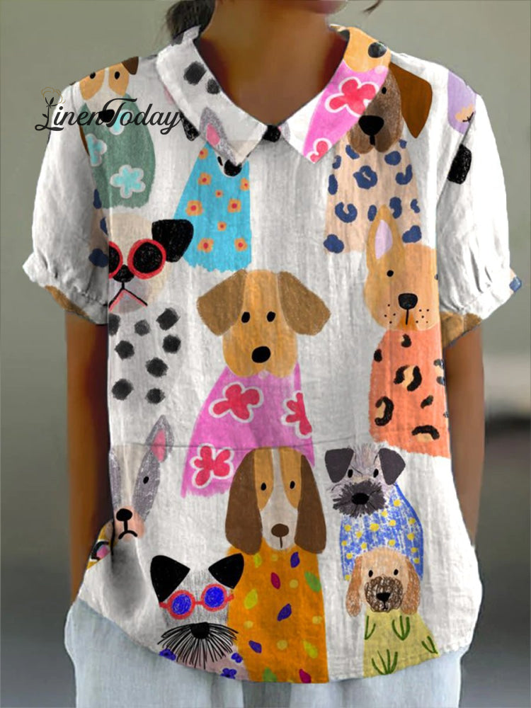 Women’s Colorful Cartoon Puppy Print Casual Cotton And Linen Shirt Multicolor / S