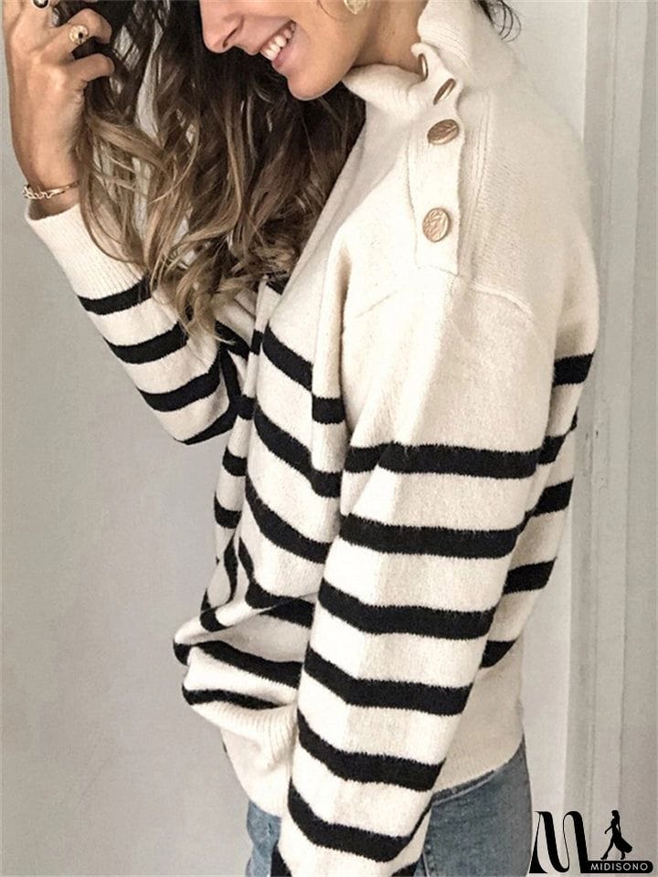MidiSono - Women's Fashion Knitted Turtleneck Pullover Striped Sweater