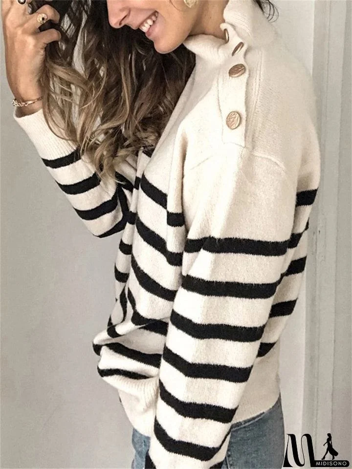 MidiSono - Women's Fashion Knitted Turtleneck Pullover Striped Sweater