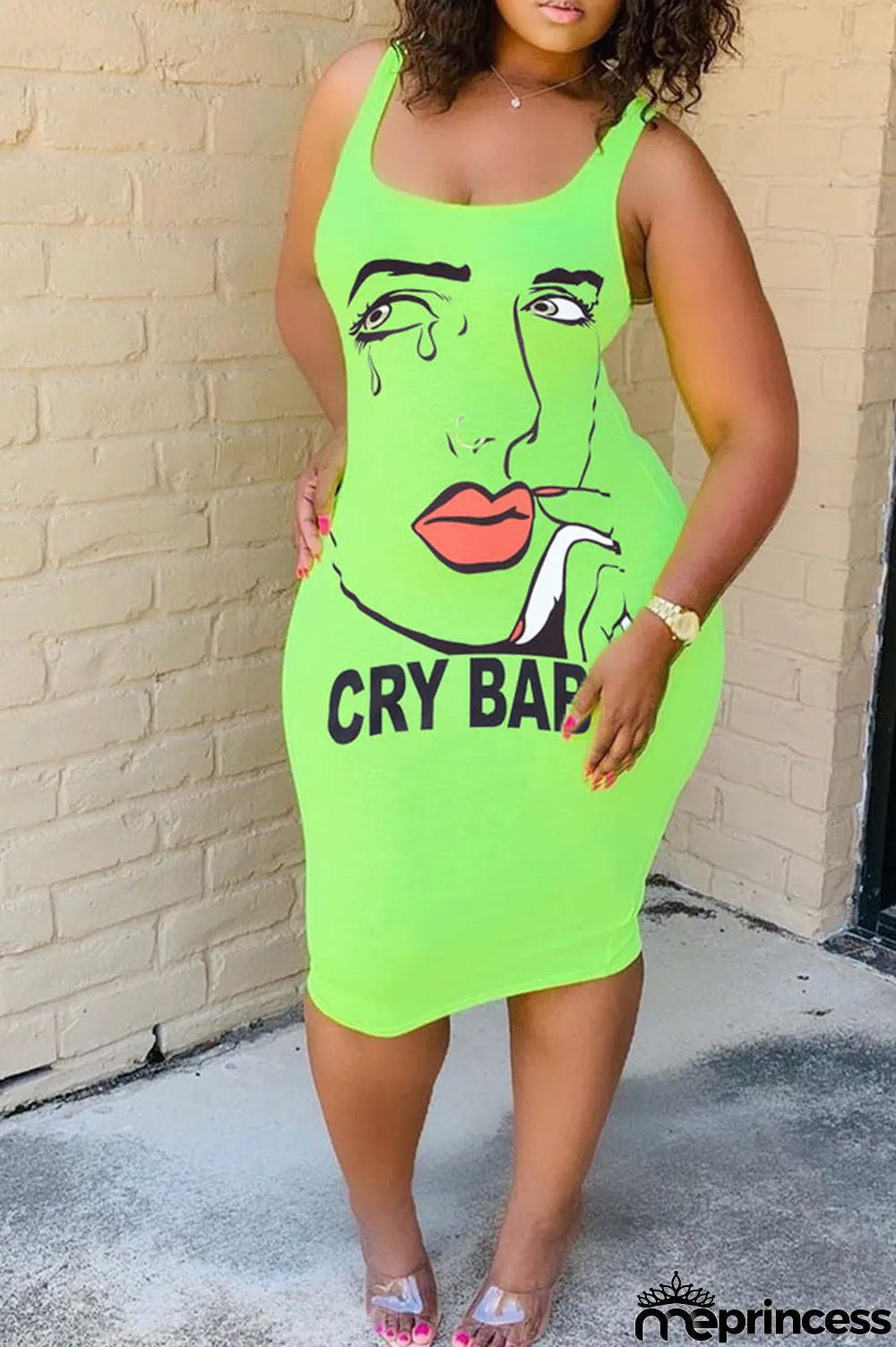 Pink Polyester Sexy White Green Pink Yellow Spaghetti Strap Sleeveless Slip Sheath Knee-Length Print Dresses