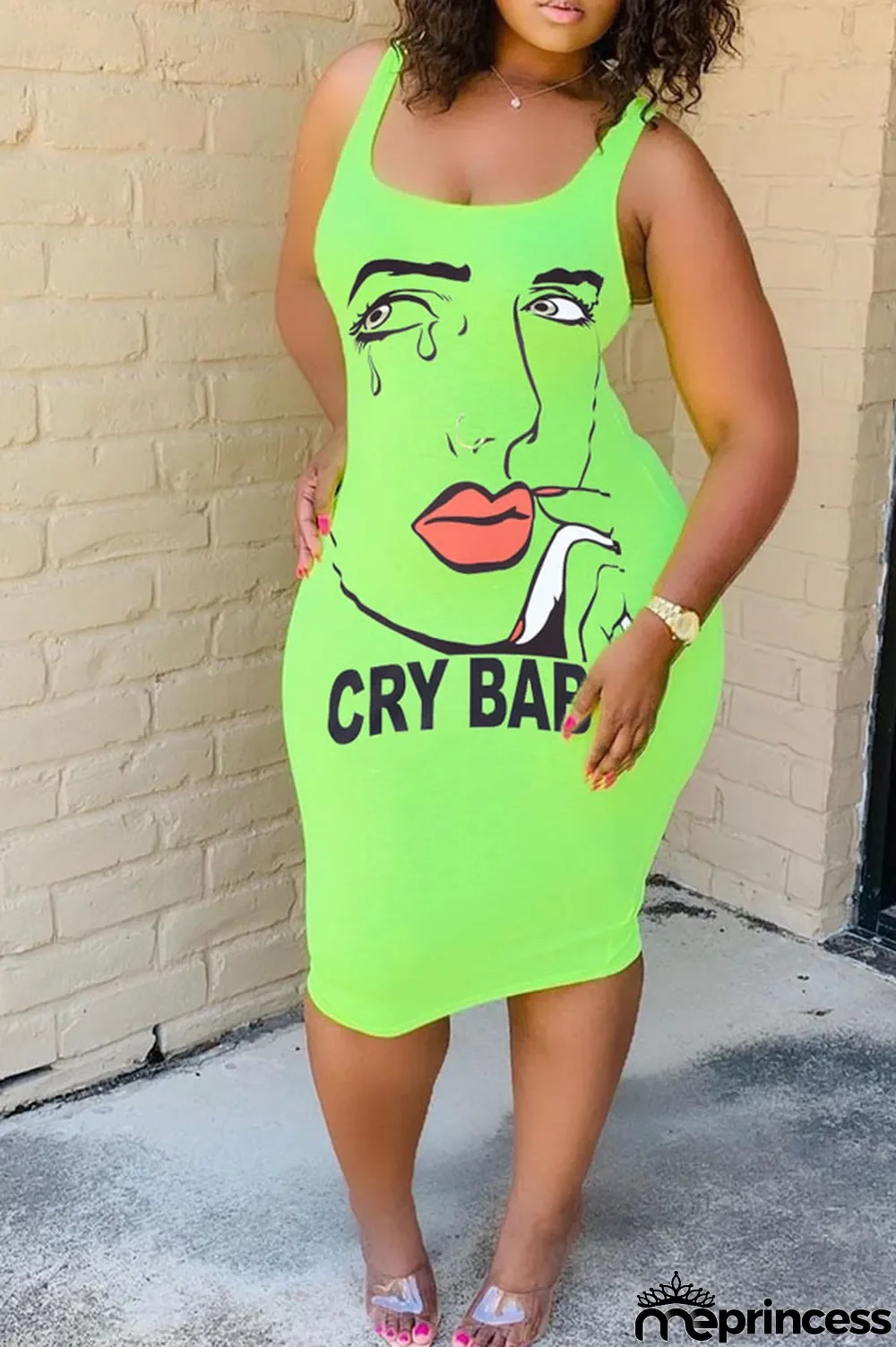 Pink Polyester Sexy White Green Pink Yellow Spaghetti Strap Sleeveless Slip Sheath Knee-Length Print Dresses