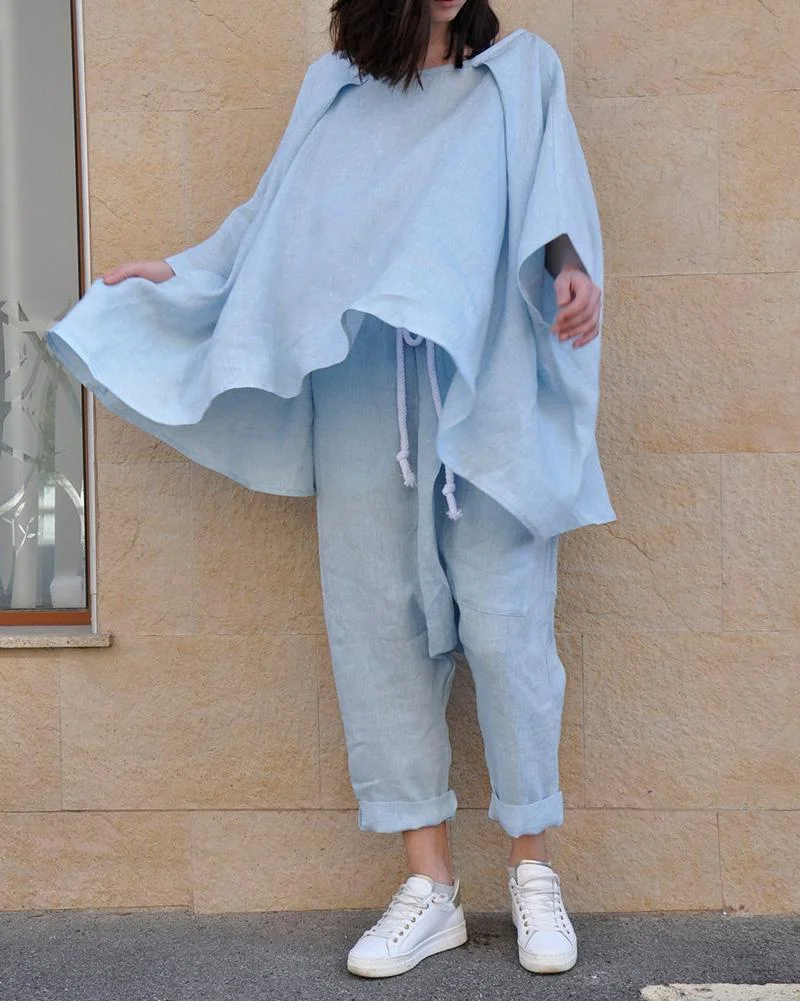 Solid color loose cotton two-piece suit