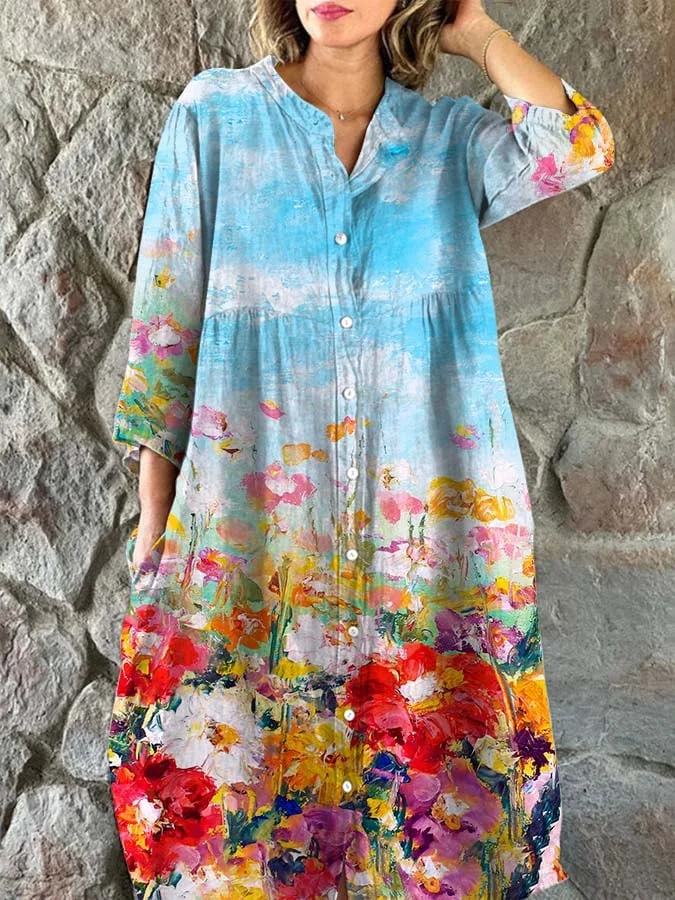 Women's Art Botanical Floral Print Single Breasted Dress