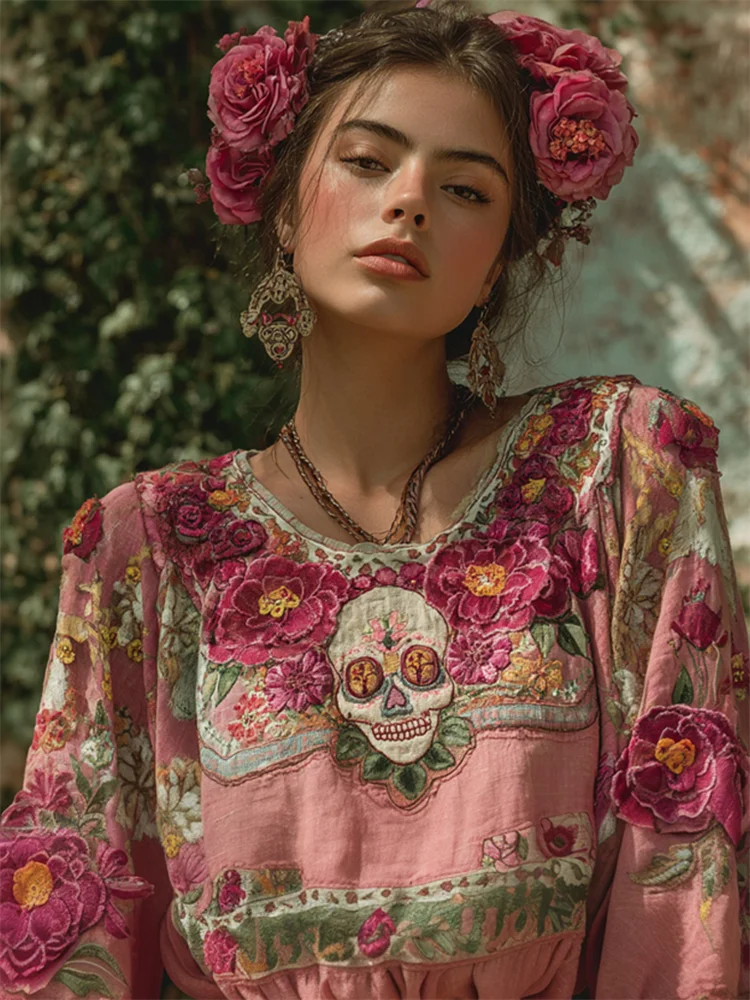 Mexican Sugar Skull Ethnic Floral Embroidered Linen Tunic