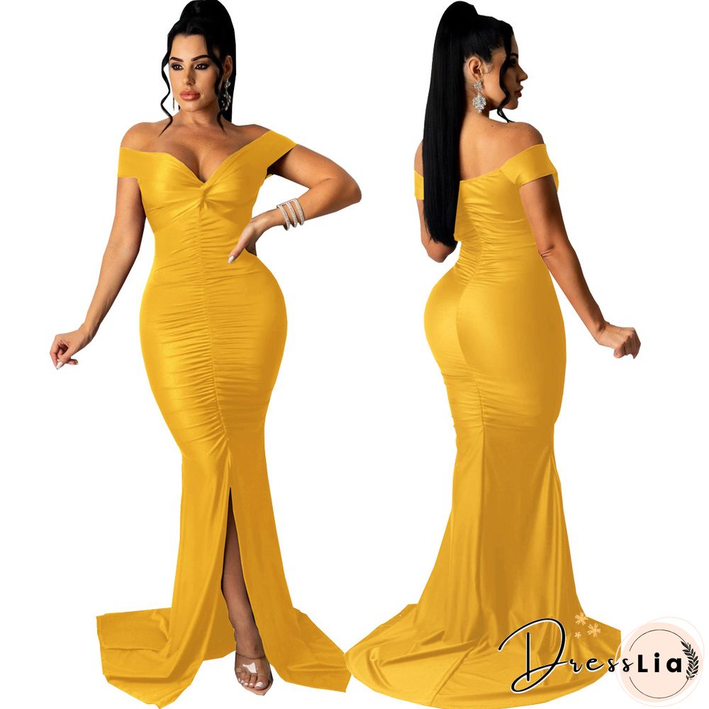 Low Cut Slash Neck Ruched Split Maxi Cocktail Dresses