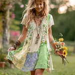 Women's Retro Floral Splicing Cotton And Linen Short Dress - Image 4