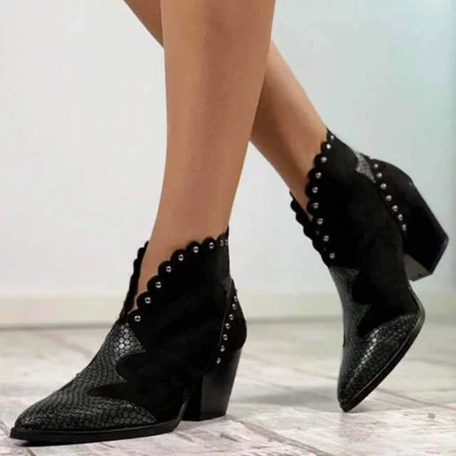 Women Pointed Toe Studded Snakeskin Heeled Boots