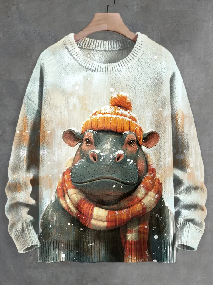 Men's Winter Snowflake Hippo Print Knit Sweatshirt