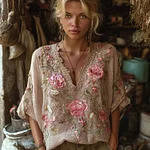 Vintage Bohemian Pink Rose Embroidered Linen Short-sleeved V-neck Top - Image 2