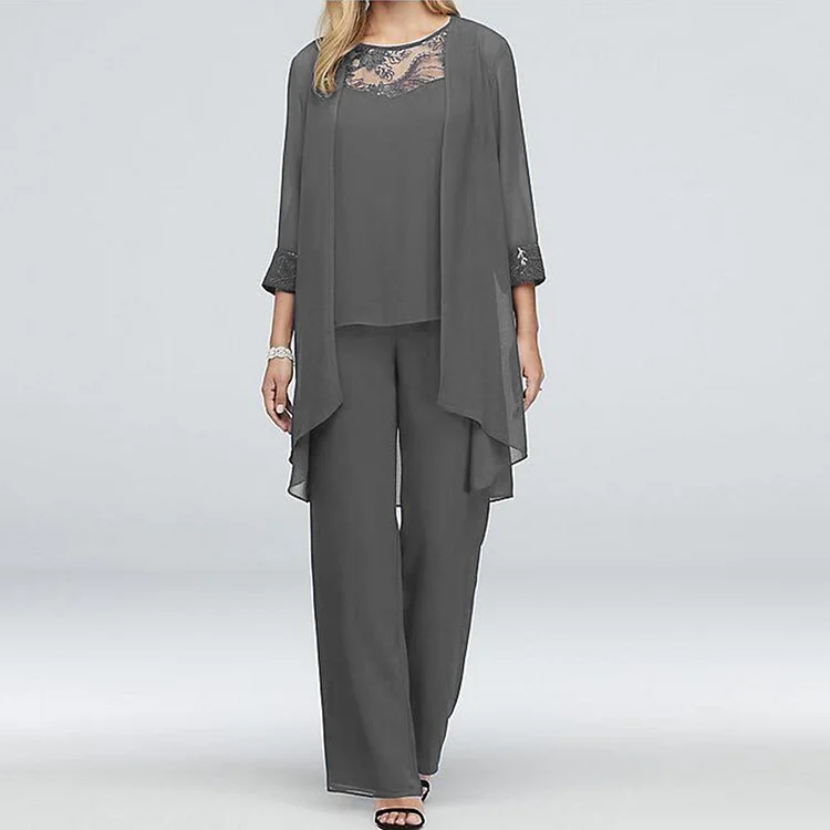 Dark Grey Patchwork Long Round Neck Top and Pants