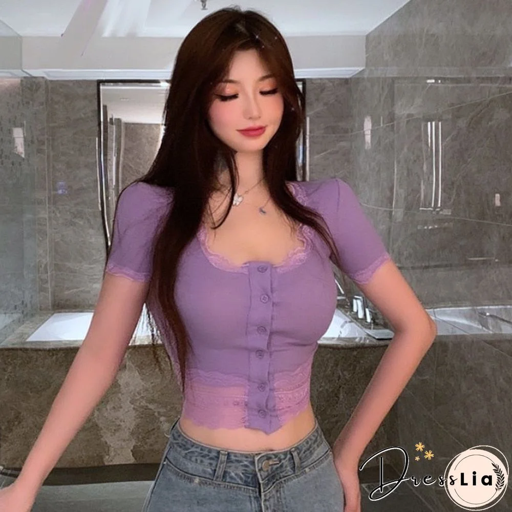 Korean version of sexy lace stitching tops women's tight-fitting single-breasted T-shirt short tops summer short sleeves
