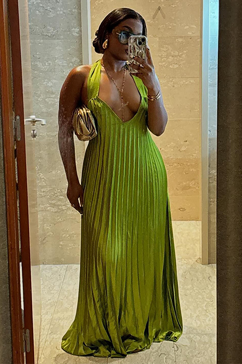 Irregular Neckline Pleated Hem Backless Halter Neck Gowns Maxi Dresses-Green