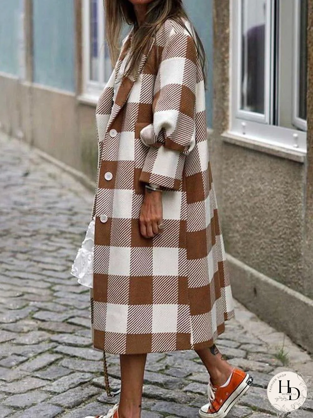 Puff Sleeve Lapel Checked Coat