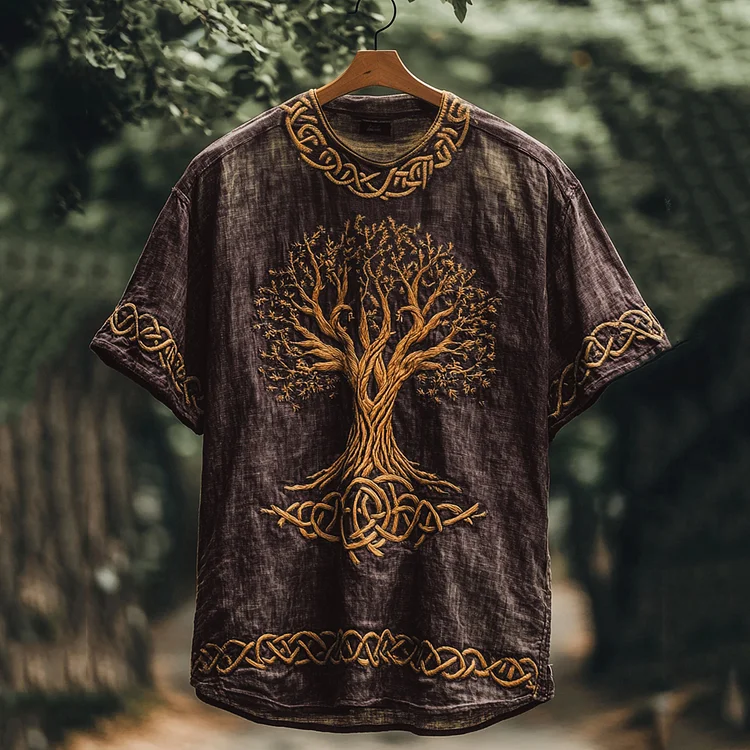 Viking Mythology Celtic Knot Tree Of Life Cotton Linen T-shirt