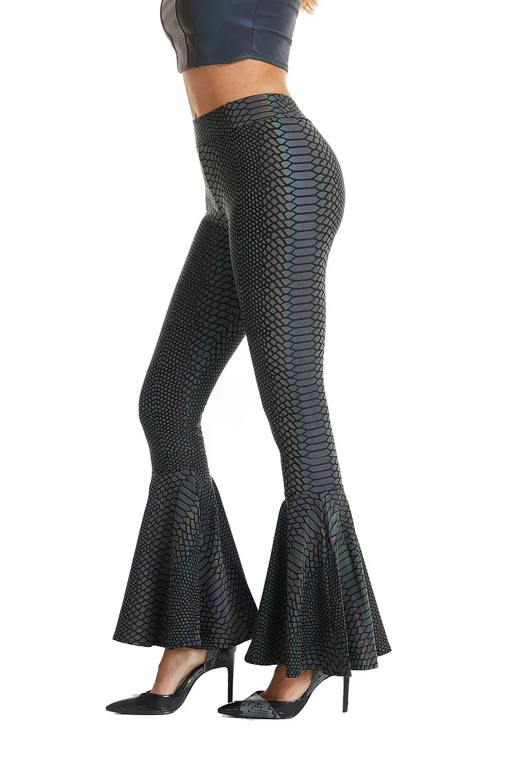 Gothic Black Casual Snake Skin Pattern Colorful Reflection Tight Flare Bottom Pants