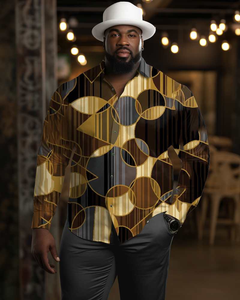 Men's Large Size Casual Round Color Block Long Sleeve Lapel Long Sleeve Shirt