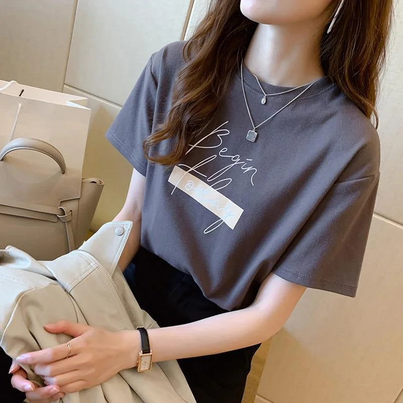 Uveng Uveng New Summer Fashion Foreign Style Print Round Collar Short Sleeve T-Shirt Women's Loose Half Sleeve Shirt Bottom Shirt