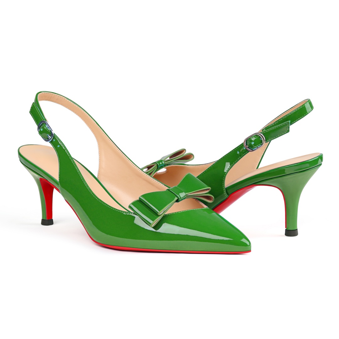 65mm Women's pointed Toe Bowknot Kitten Heel Slingback Pumps Red Bottom Patent Shoes-MERUMOTE