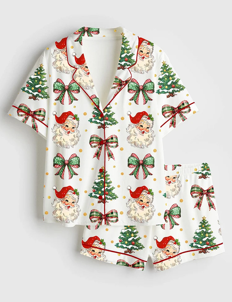 Women&rsquo;s Coquette Christmas Santa Christmas Tree On Gold Dots Short Sleeve Satin Pajama Set