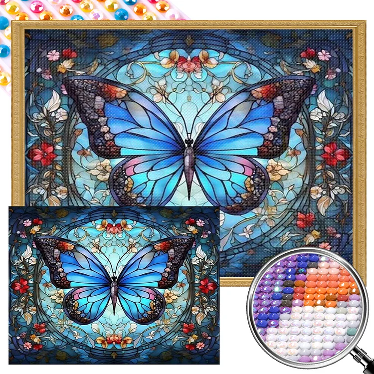 Partial AB Drill - Full Round Diamond Painting - Glass Art - Blue Butterfly 45*40CM