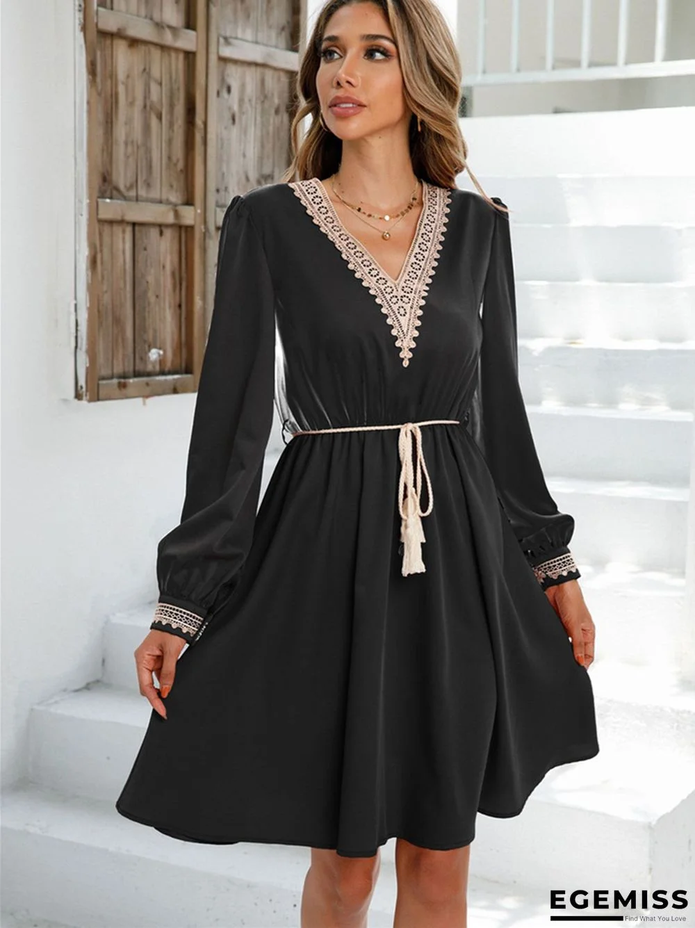 Fashion V-neck Solid Color Long Sleeve Dress | EGEMISS