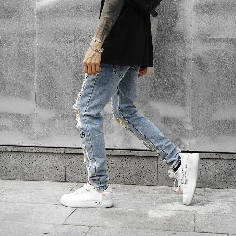 3XL Hole Skinny Jeans Men Streetwear Letter Print Patchwork Straight Pencil Pants Male Vaqueros Hombre Hip Hop Trousers