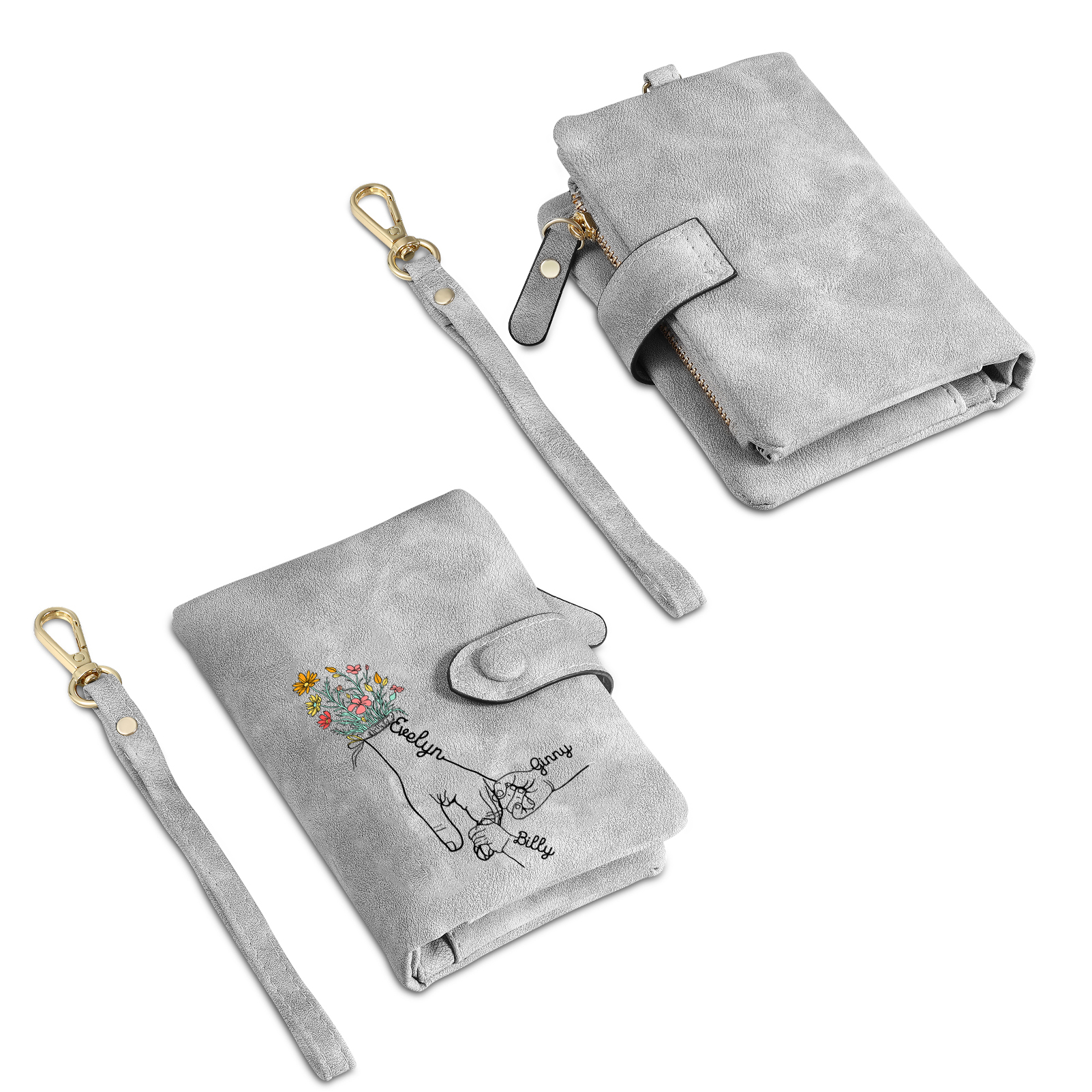 Portafoglio in PU pelle fiore mano con 3 nomi personalizzati per mamma/nonna