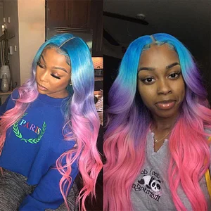 Edithhair Transparent Lace Wigs Blue Purple Pink Ombre Human Hair Wig Preplucked Remy Green Yellow Lace Front Human Hair Wigs