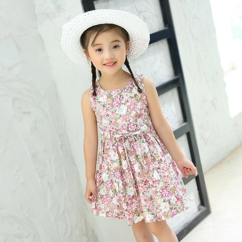 2PCS/Set Girls Dress +Hat Cotton Comfortable Children's Dress 2021 Summer Dress Floral Girls' Sleeveless Dress For Children