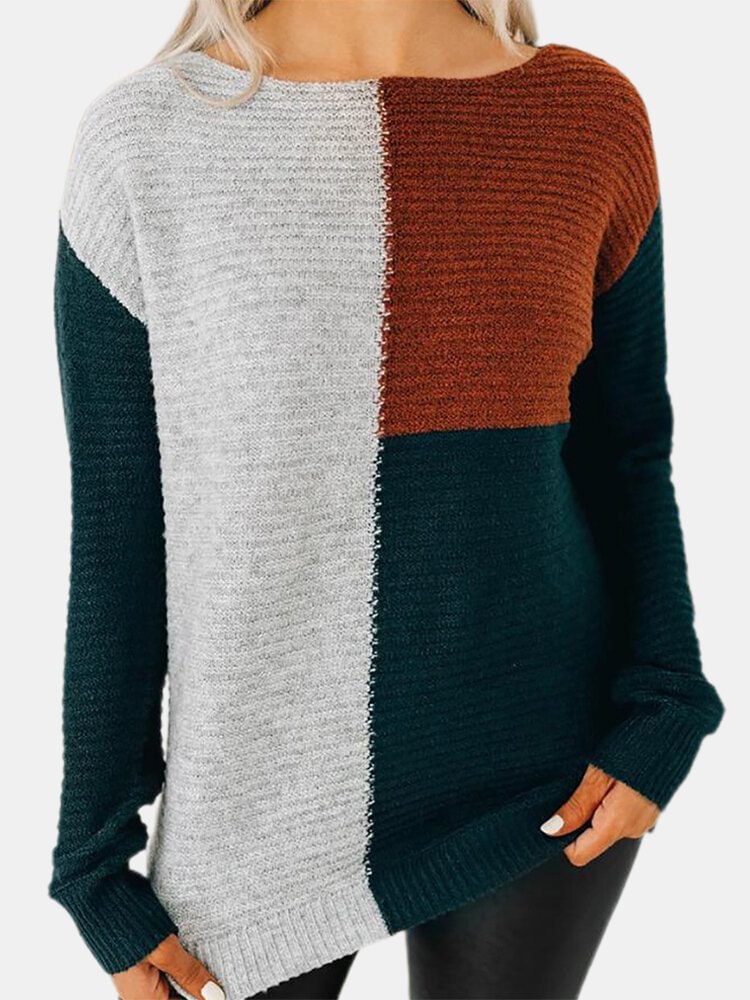 Contrast Color Patchwork O-neck Casual Sweater For Women - Shop Trendy Women's Fashion | TeeYours