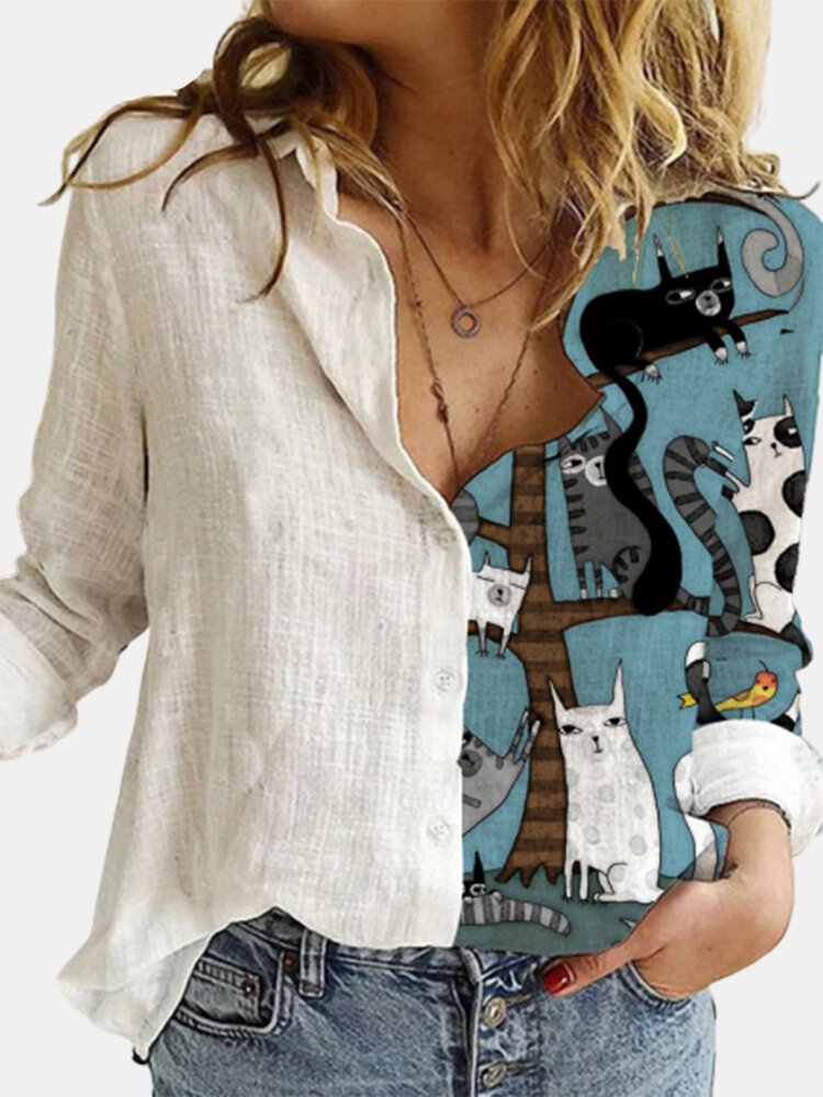 Cartoon Cat Printed Long Sleeve Turn down Collar Patchwork Blouse For Women P1721509