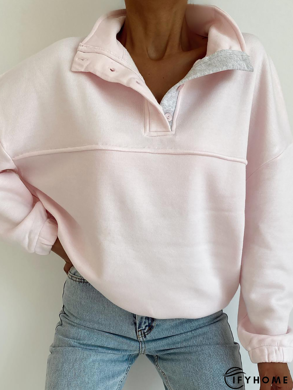 Casual Stand Collar Buttoned Plain Sweatshirt | IFYHOME