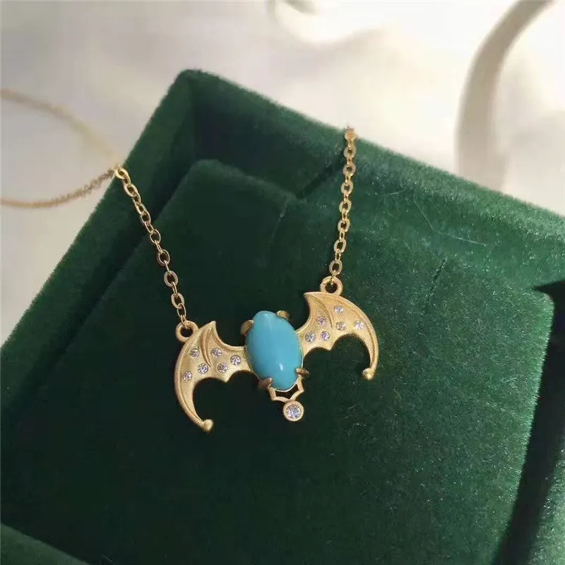 Natural Turquoise Bat Blessing Pendant Necklace