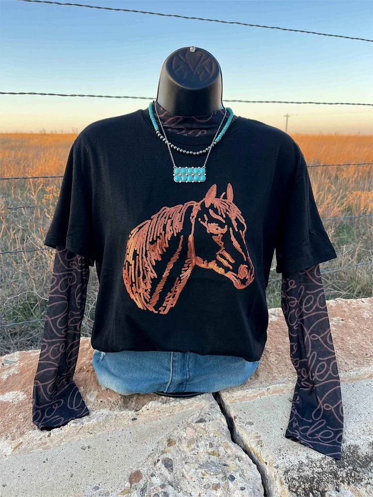 Sequin Horse Short Sleeve Top