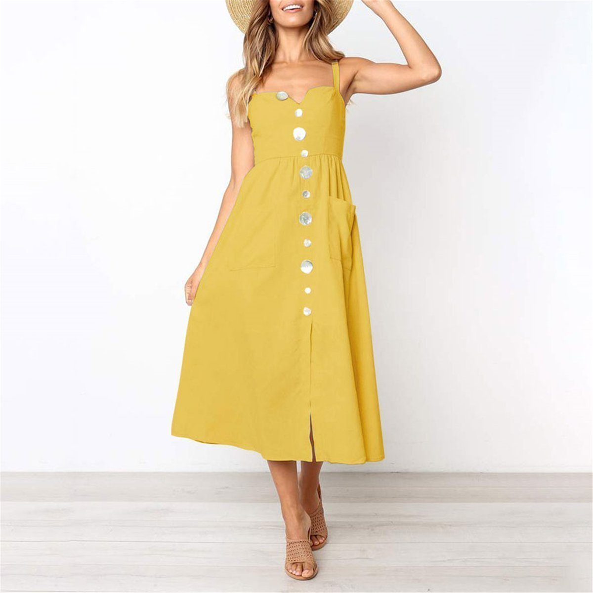 Fashion Off Shoulder Plain Button Embellished Vacation Dress