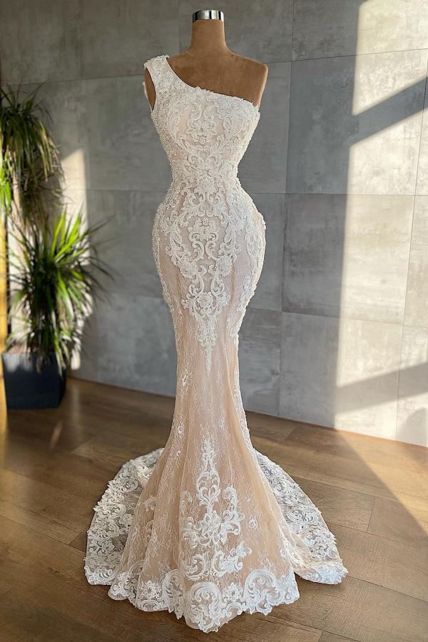 Bellasprom Modest Lace Mermaid Wedding Dress With Appliques One Shoulder Bellasprom