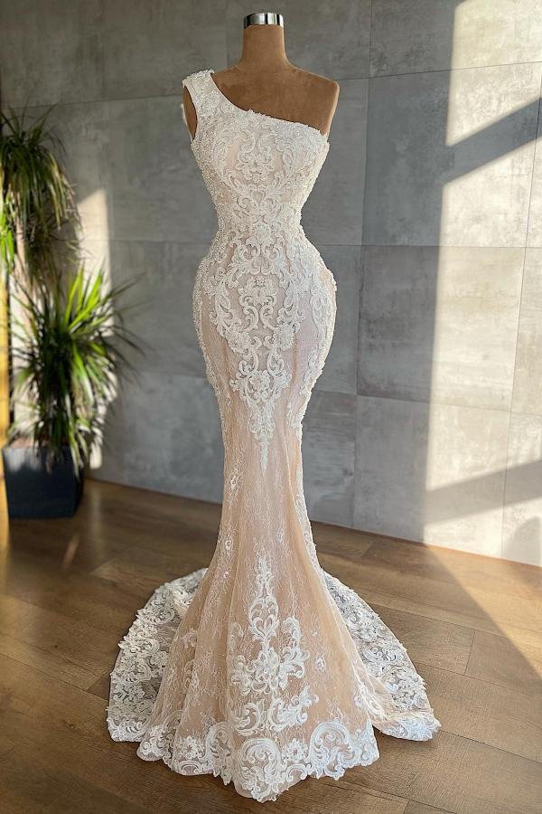 Bellasprom Modest Lace Mermaid Wedding Dress With Appliques One Shoulder