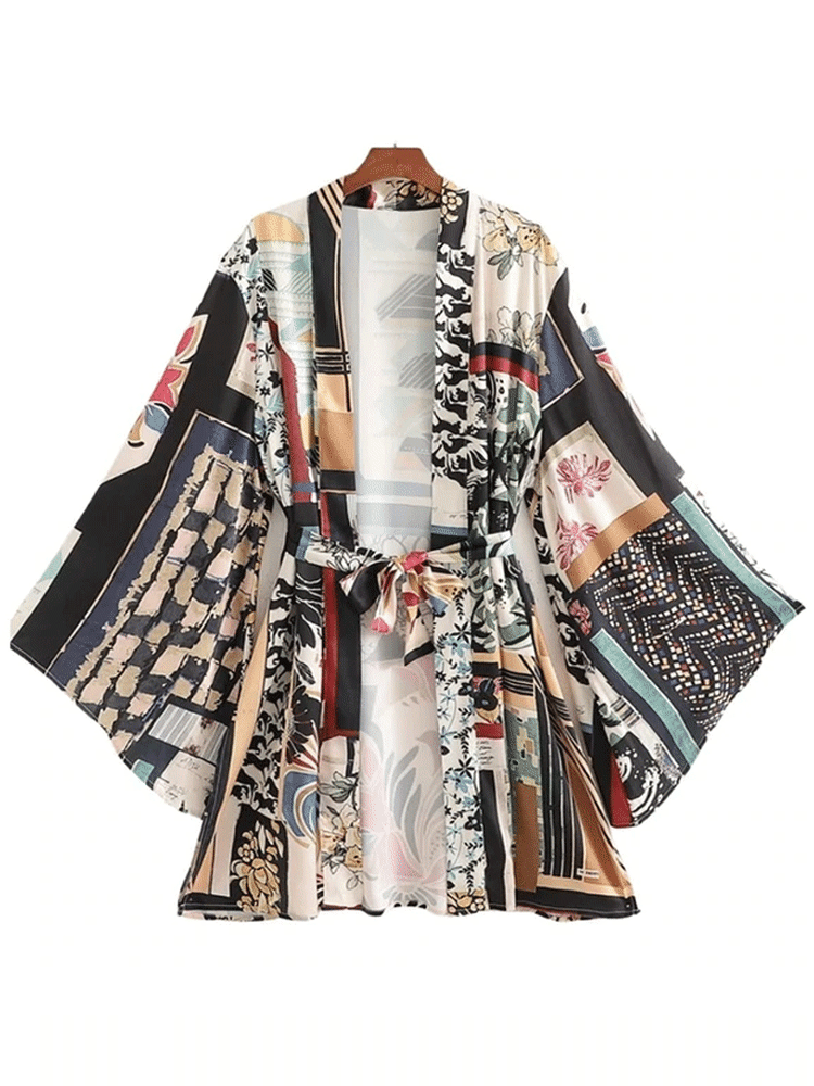 Japanese Style Black Printed Long Sleeve Kimono With Robe